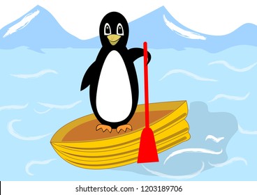 Beautiful penguin floating on a yellow inflatable boat in the Arctic Sea, joyful cute mascot