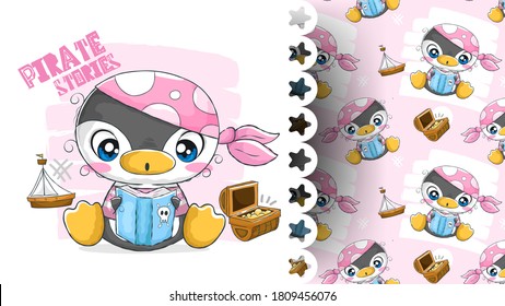 Beautiful penguin reading book with pirate clothes