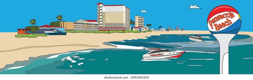 Beautiful Pensacola beach front with buildings and houses. Ocean and beach scene