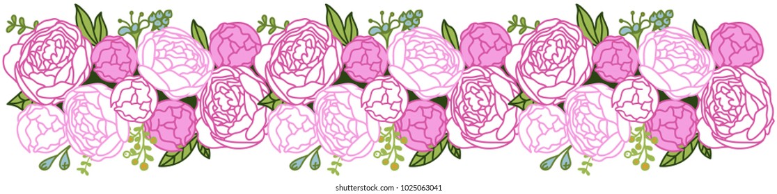 Beautiful peonies card. Vector floral border for background greeting cards, invitations, weddings, birthday, Valentine's Day, Mother's Day