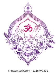 Beautiful peonies, indian style frames, sign "om" and female hands, vector illustration