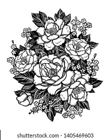 Beautiful peonies or roses. Floral oriental vintage style bouquet . Vector illustration art. For design textiles, wallpaper,card.