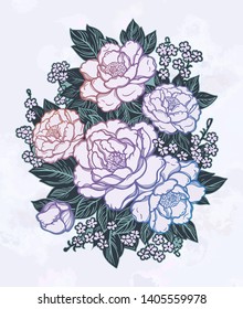 Beautiful peonies or roses. Floral oriental vintage style bouquet . Vector illustration art. For design textiles, wallpaper,card.