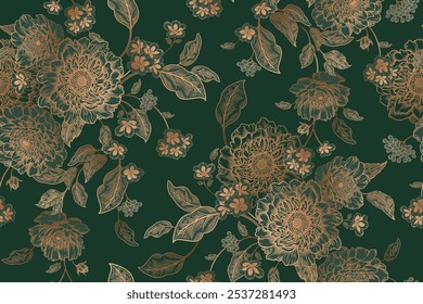 Beautiful Peonies. Seamless floral pattern. Flower Vintage background. Vector illustration. Gold foil and deep green. Template for textiles, wallpaper, paper.