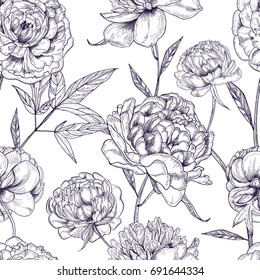 Beautiful peonies seamless pattern. Hand drawn blossom flowers, buds and leaves. Black and white vector illustration.