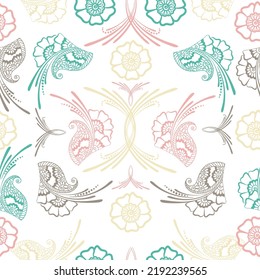 Beautiful peonies with smooth lines - vector stock. Abstract india batik background