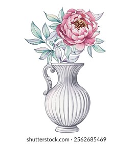 A beautiful peony blooms gracefully in a white vase, its soft pink petals contrasting with lush green leaves, showcasing artistic elegance