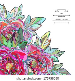 Beautiful peony bouquet design on white background. Hand drawn vector illustration.