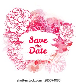 Beautiful peony bouquet design on beige background. Hand drawn vector illustration.