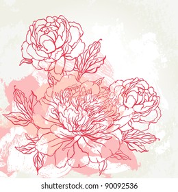 Beautiful peony  bouquet design on beige background. Hand drawn vector illustration.