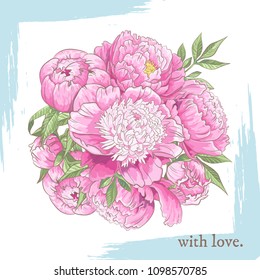 Beautiful peony in bouquet  isolated on white background. Beautiful round floral composition with peony and leaves