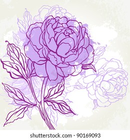 Beautiful peony  design on beige background. Hand drawn vector illustration.