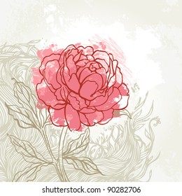 Beautiful peony  design on beige background. Hand drawn vector illustration.