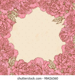 Beautiful peony frame design on beige background. Hand drawn vector illustration.