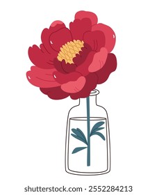 Beautiful peony in a glass vase.vector botanical flora for decoration, wedding invitation, patterns, wallpapers, fabric, wrapping paper. Vector illustration.