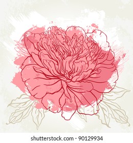 Beautiful peony greeting card design on beige background. Hand drawn vector illustration.