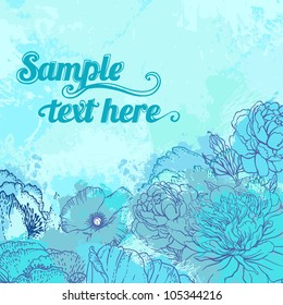 Beautiful peony and poppy design in blue. Hand drawn vector illustration.