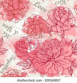 Beautiful peony seamless pattern design. Hand drawn artistic vector illustration.