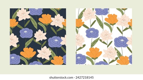 Beautiful Peony and wildflowers seamless pattern set