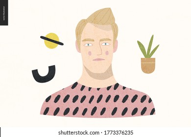 Beautiful people portrait - hand drawn flat style vector design concept illustration of a young blonde man, face and shoulders avatar with texture. Flat style vector icon