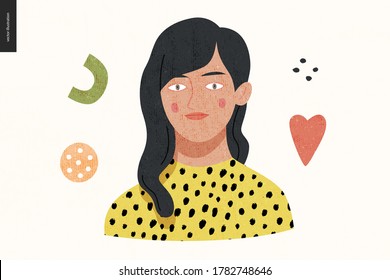 Beautiful people portrait - hand drawn flat style vector design concept illustration of a young brunette woman, face and shoulders avatar with texture. Flat style vector icon