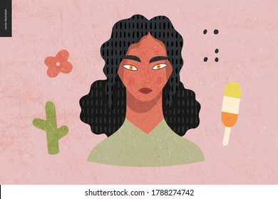 Beautiful people portrait - hand drawn flat style vector design concept illustration of a young brunette woman, face and shoulders avatar with texture. Flat style vector icon