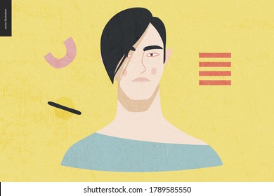 Beautiful people portrait - hand drawn flat style vector design concept illustration of a young black-haired asian man, face and shoulders avatar with texture. Flat style vector icon