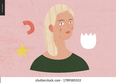 Beautiful people portrait - hand drawn flat style vector design concept illustration of a young blonde woman, face and shoulders avatar with texture. Flat style vector icon