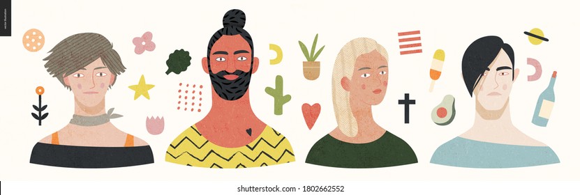 Beautiful people portrait -hand drawn flat style vector design concept illustration of a young people, men and women, face and shoulders avatar, surrounded by abstract elements. Flat style vector icon