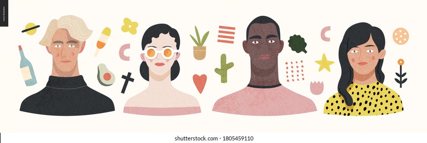 Beautiful people portrait -hand drawn flat style vector design concept illustration of a young people, men and women, face and shoulders avatar, surrounded by abstract elements. Flat style vector icon