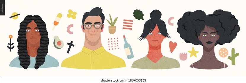 Beautiful people portrait -hand drawn flat style vector design concept illustration of a young people, men and women, face and shoulders avatar, surrounded by abstract elements. Flat style vector icon