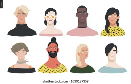 Beautiful people portrait -hand drawn flat style vector design concept illustration of a young people, men and women, face and shoulders avatar, various races and nationalities. Flat style vector icon