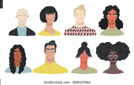 Beautiful people portrait -hand drawn flat style vector design concept illustration of a young people, men and women, face and shoulders avatar, various races and nationalities. Flat style vector icon