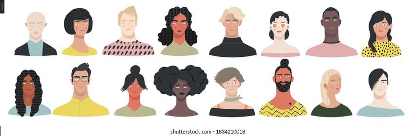 Beautiful people portrait -hand drawn flat style vector design concept illustration of a young people, men and women, face and shoulders avatar, various races and nationalities. Flat style vector icon