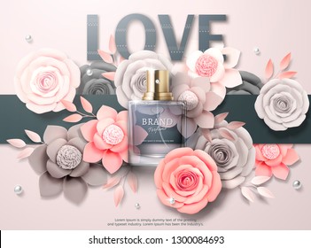 Beautiful perfume ads with light grey and pink paper flowers in 3d illustration Beautiful perfume ads with light grey and pink paper flowers in 3d illustration