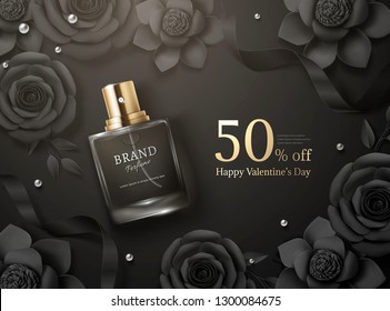 Beautiful perfume ads with paper flowers in 3d illustration, black background