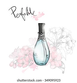 Beautiful perfume bottle with blooming apple tree branches. Beautiful and fashion background. Template Vector.
