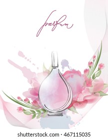 Beautiful perfume bottle with blooming  beautiful pink flowers . Beautiful and fashion background. Template Vector.