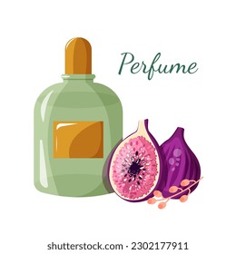 Beautiful perfume bottle with fig perfume isolated on white background. Summer parfume. Vector illustration