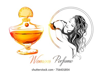Beautiful perfume bottle with a beautiful girl. Vector illustration