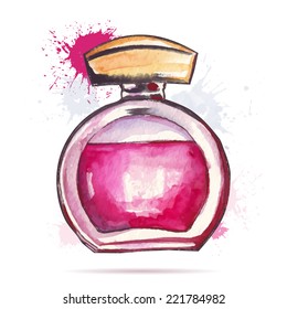 Beautiful perfume bottle. Hand drawn Watercolor vector illustration.