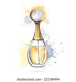 Beautiful perfume bottle. Hand drawn Watercolor vector illustration.