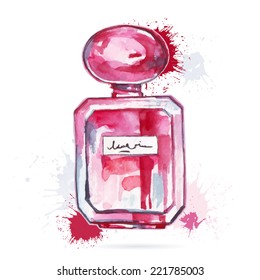 Beautiful perfume bottle. Hand drawn Watercolor vector illustration.