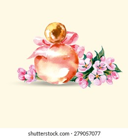 Beautiful Perfume Bottle. Hand Drawn Watercolor Vector Illustration.