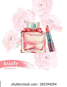  Hermosa botella de perfume. Ilustración vectorial de color de agua dibujada a mano.