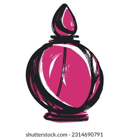 Beautiful perfume bottle. Isolated vector design element on a white background. Fashion sketch. Pink bottle