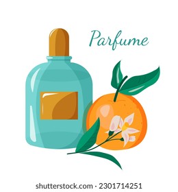 Beautiful perfume bottle with orange parfime isolated on white background. Summer parfume. Vector illustration