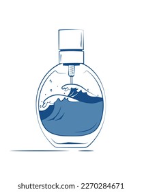 A beautiful perfume bottle with the scent of the sea, freshness, summer, waves. Minimalist design in dark blue style. Flat vector illustration isolated on white background
