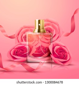 Beautiful perfume glass bottle and pink roses decorations in 3d illustration