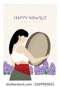 A beautiful persian girl playing Daf on haft sin table for nowruz. greeting card design template. iranian culture design. happy new year